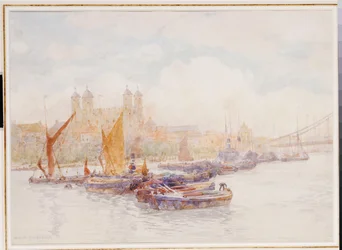 De Tower of London vanaf de Theems met schepen op de voorgrond