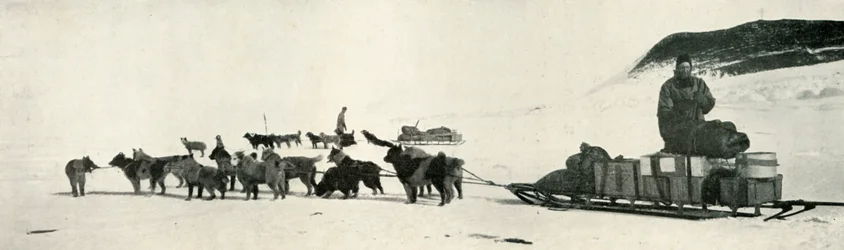 Meares en Demetri met hun hondenteams vertrekken van Hut Point, ca. 1911, 1913