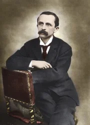 Portret van J.M.Barrie gefotografeerd door Barraud in 1893 - James Matthew Barrie (1860-1937), Schotse schrijver, bedenker van Peter Pan - Gekleurde foto