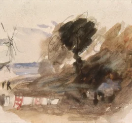 Landschap met huisje en windmolen