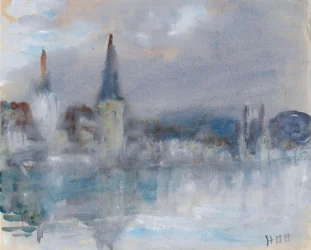 De Kapelbrug en de kathedraal in Luzern, Zwitserland, op een regenachtige dag