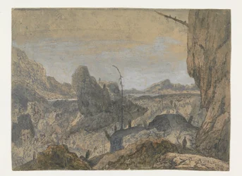 Rotsachtig landschap met een man die naar rechts loopt (eerste versie)