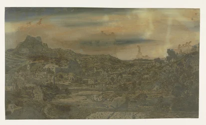 Vallei met een rivier en een stad met vier torens