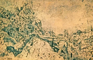 Rotsachtig landschap met toren in de verte (inkt op papier)