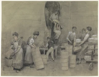 Het uithalen van het aardewerk uit de oven van De Sphinx te Maastricht