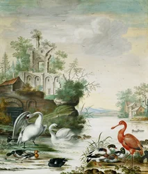 Zwanen, een Lepelaar, een Wilde Eend, een Smient en Andere Eenden op een Rivier Onder een Ruïne, 1694
