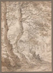 Een bosinterieur, met een zittende figuur