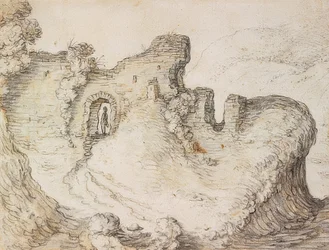 Berglandschap met ruïnes. Rond 1650