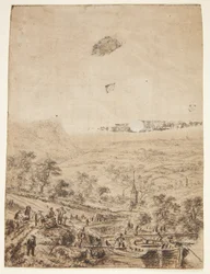Panoramisch Landschap met Boeren, Vissers en een Dorpskerk