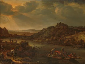 Rivierzicht met veerboot