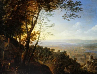 Een boslandschap met boeren bij een huisje