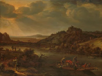 Rivierzicht met veerboot
