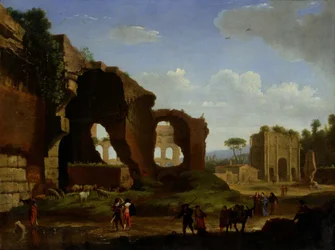 Gezicht op Rome met Venus en de Romeinse tempel en de Triomfboog van Constantijn.