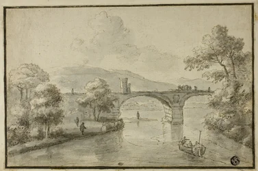 Rivier met Gebogen Brug en Boot