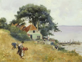 Kinderen die graan verzamelen bij een meer, ca. 1900-10