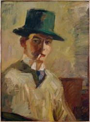 Zelfportret met hoge hoed en sigaret