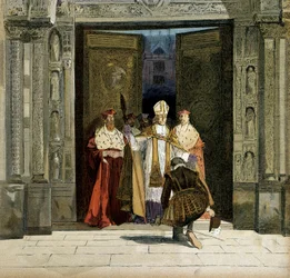Afzwering van Hendrik IV (1553-1610) in de abdij van Saint Denis in aanwezigheid van de aartsbisschop van Bourges, Renaud de Beaune (1527-1606)