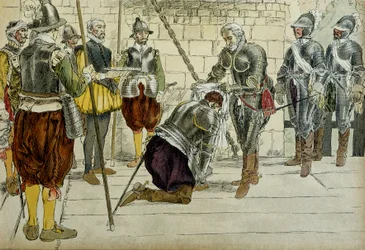 Charles II van Cosse Brissac (Cosse-Brissac) (1562-1621 of 1626) benoemd tot maarschalk van Frankrijk door Hendrik IV (1553-1610) voor het binnentreden van Parijs op 22 maart 1594. De provoost van de kooplieden Jean Lhuillier (?) staat naast hem en houdt d