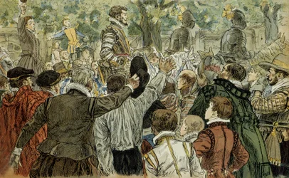 Hendrik de Guise (1549-1588), leider van de Katholieke Liga, toegejuicht door de Parijzenaars na de Dag van de Barricaden (12 mei 1588). Illustratie uit 1907 door Hermann Vogel (1856-1918). Particuliere collectie.