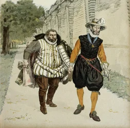 Hendrik IV (1553-1610) en Karel van Lotharingen, hertog van Mayenne (1554-1611). Eerste verzoenende ontmoeting tussen de twee vijanden, Mayenne, leider van de Ligueurs, en de koning, in de tuinen van het kasteel van Montceaux, in de Brie, in 1596.