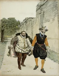 Hendrik IV (1553-1610) en Karel van Lotharingen, hertog van Mayenne (1554-1611). Eerste verzoeningsgesprek tussen de twee vijanden, Mayenne, leider van de Ligueurs, en de koning, in de tuinen van het Château de Montceaux in de Brie, in 1596. Illustratie
