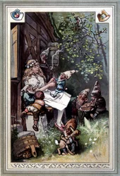 Kinder- en huisverhalen (Verhalen uit de kindertijd en het huis) (1812): de sprookjes van de gebroeders Grimm. Omslag van Hermann Vogel, 1894, met Sneeuwwitje en de zeven dwergen.