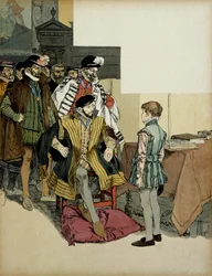 De koning van Frankrijk Hendrik II (1519-1559) omringd door zijn heren houdt ervan om Hendrik IV (1553-1610) als kind te ondervragen over zijn antwoorden. Illustratie door Hermann Vogel (1856-1918) in 