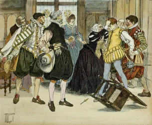 De aanslag van Jean Châtel (1575-1594) op 27 december 1594, die tijdens een koninklijke audiëntie het hôtel van Gabrielle d
