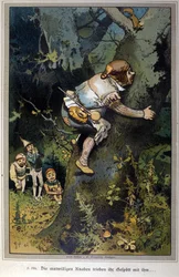 De gedurfde jongen was het mikpunt van spot. Verhaal van de gebroeders Jacob Grimm (1785-1863) en Wilhelm Grimm (1786-1859). Illustratie van Vogel.