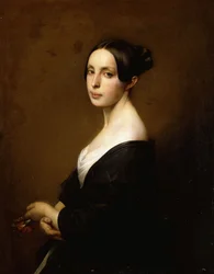 Portret van een dame, halffiguur, in een zwarte jurk met een anjer in de hand