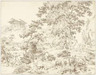 Arkadisch landschap met voetbadende vrouw