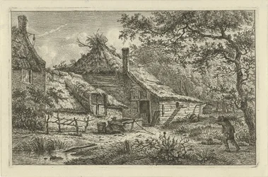 Boerenerf met man met sprokkelhout