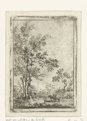 Landschap met hoge boompartij en paard en wagen