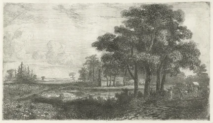 Boomrijk landschap met huifkar