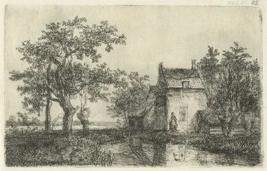 Vrouw met een mand voor een boerenhuis aan het water