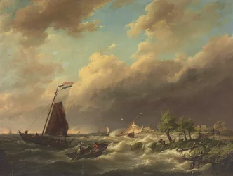 Stormachtig kustgezicht met daarachter de stad
