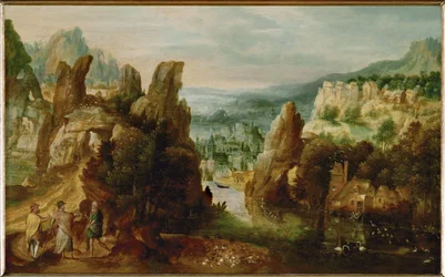 Landschap met de apostelen op weg naar Emmaüs (schilderij op eikenhout)