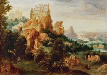 Landschap met de barmhartige Samaritaan (schilderij op eikenhout)