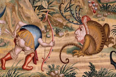 Vlaamse wandtapijt. Serie Vier wandtapijten naar Jheronimus Bosch. Sint Antonius in gebed. Tweede wandtapijt in de serie. Model Geïnspireerd door het werk van Jheronimus Bosch. Fabrikant Onbekende werkplaats, Brussel. Voor 1560.