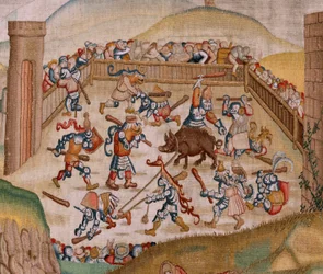 Vlaamse wandtapijt. Serie Vier wandtapijten naar Jheronimus Bosch. Sint Maarten. Eerste wandtapijt in de serie. Model Geïnspireerd door het werk van Jheronimus Bosch. Fabrikant Onbekende werkplaats, Brussel. Voor 1560.