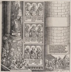 Maximiliaan als architect, met een standbeeld van Sint Leopold en bustes van Maximiliaans voorouders, 1517-1518