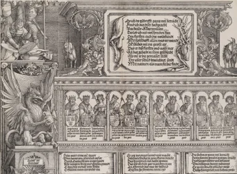 Het bovenste gedeelte van de rechterpoort, met de inscriptie op een hertenhuid, een fries met ..., 1515