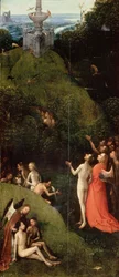 Aards paradijs. Uit: Vier visioenen van het hiernamaals door Hieronymus Bosch (ca. 1450-1516). Afmetingen: 88,5 x 39,8, ca. 1490-1510, Palazzo Grimani, Venetië