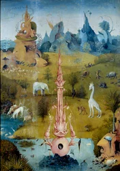 Paradijs - De fontein. Detail van het linkerdeel van het drieluik «De tuin der lusten» van Hieronymus Van Aeken (Aken), genaamd Jheronimus Bosch (1450-1516)