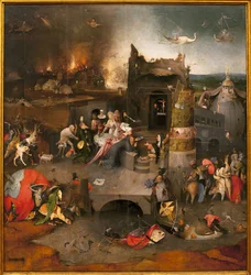 Drieluik van verleidingen - centraal deel: de verleiding van Sint Antonius de Grote (of Sint Antonius de Kluizenaar of Sint Antonius de Abt). Schilderij door Hieronymus Bosch (1450-1516), olieverf op hout, circa 1500 (Drieluik van de verleidingen)