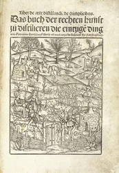Titelpagina, met kruiden distilleerderijen en figuren in een landschap