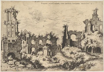 Uitzicht op ruïnes op de Palatijnse Heuvel met trabeate gevel links en arcades in het midden, 1550