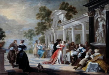 Het spel Hete Hand. Jongeren van de Vlaamse adel spelen in een park