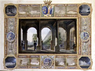 Het Palais Royal, Parijs, omringd door vignetten van de kindertijdresidenties van Charles Ferdinand, de hertog de Berry (1778-1820) en zijn vrouw Maria Caroline van Bourbon