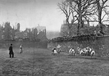 Het muurspel op Eton: St. Andrews Day - Oppidan tegen Colleges, ca. 1900